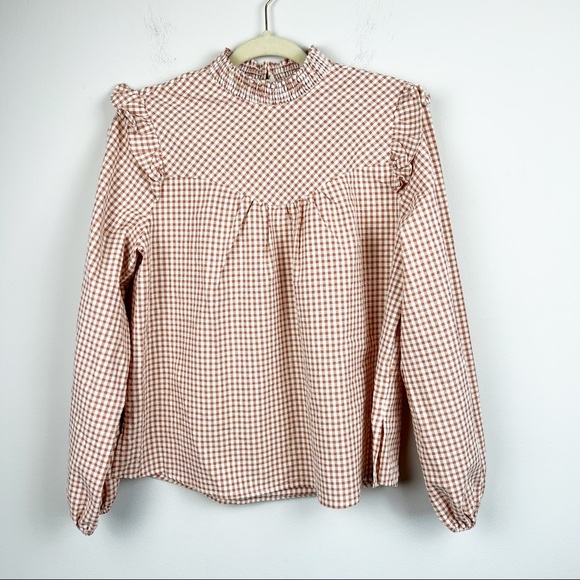 Andree by Unit Ivory and Rust Gingham Peasant Top - Picture 2 of 7